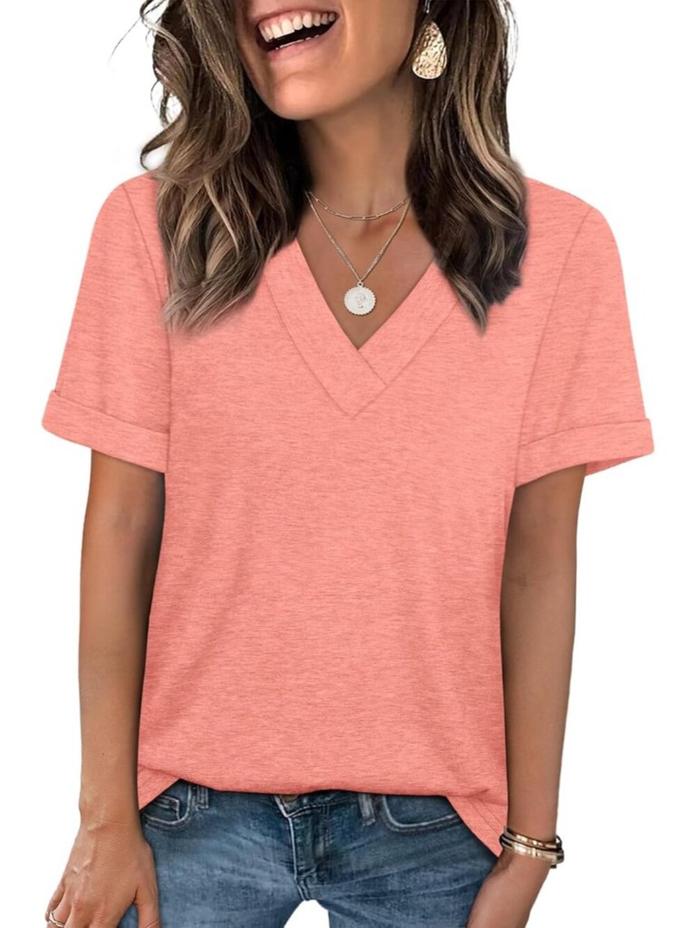 🆕Women's Coral Summer Tops Short Sleeve Basic Casual V Neck T Shirts Trendy